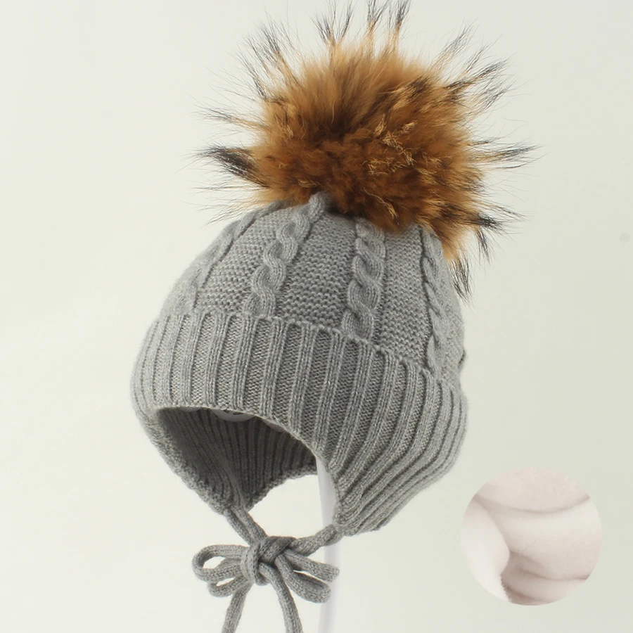 Winter Baby Hat Real Fur Pompom Beanie Cute Bonnet Fleece Lining Ear Protection Boys Girls Cap Warm Crochet Hat For Kids