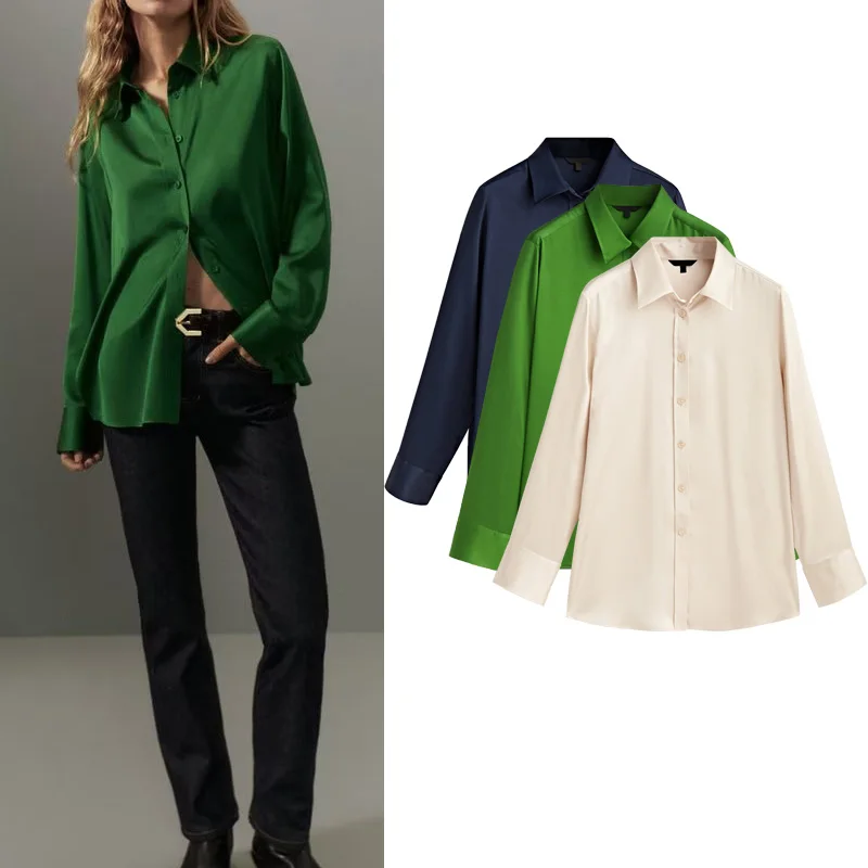 

Slim Fit Silk Satin Feel Casual irt MD Women's Faionable Collar een Profional Long Sve Button up irt
