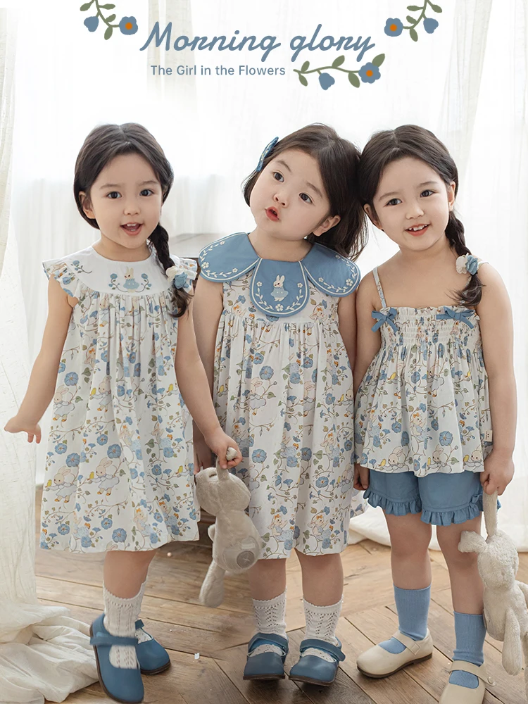 Girl's Rabbit Summer Cute Bow Shorts Doll Flip Neck Dress Multi Piece Set Trendy