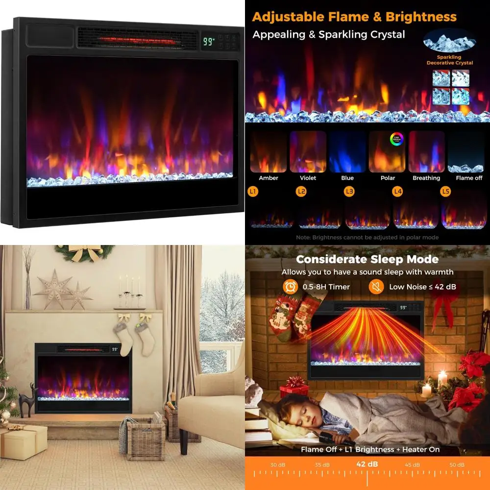 

COSTWAY Electric Fireplace Inserts 23-inch Wide, 1500W Recessed Fireplace Insert with Remote Control, 6 Flame Colors, 5 Brightne