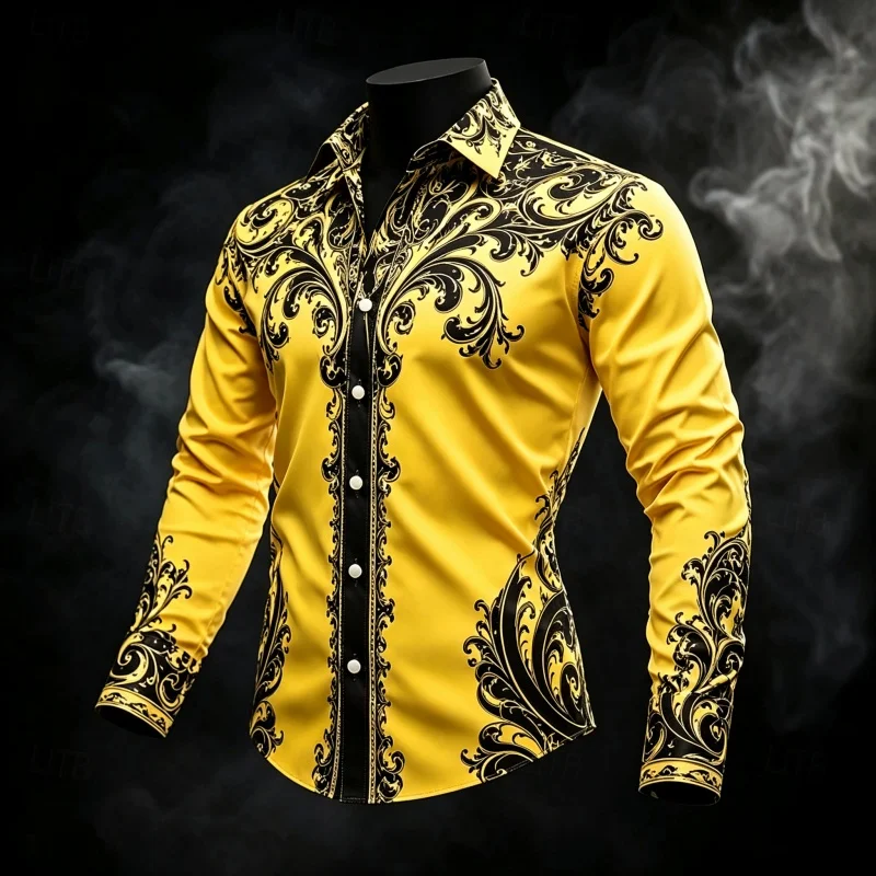 Men's shirt with contrasting Baroque pattern long sleeved shirt, slim fit lapel shirt, casual and comfortable men's clothing