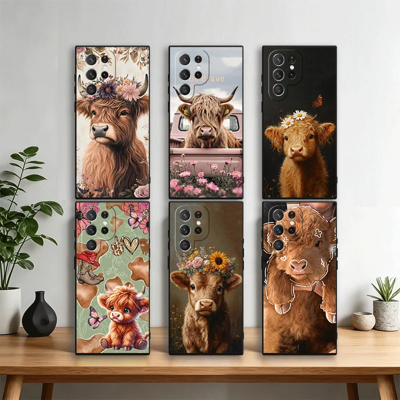 Cute Highland Cow Phone Case Cover for Samsung Galaxy S22 S23 Plus S24 FE S25 Edge S26 Ultra S20 S21 + Black Soft Shell