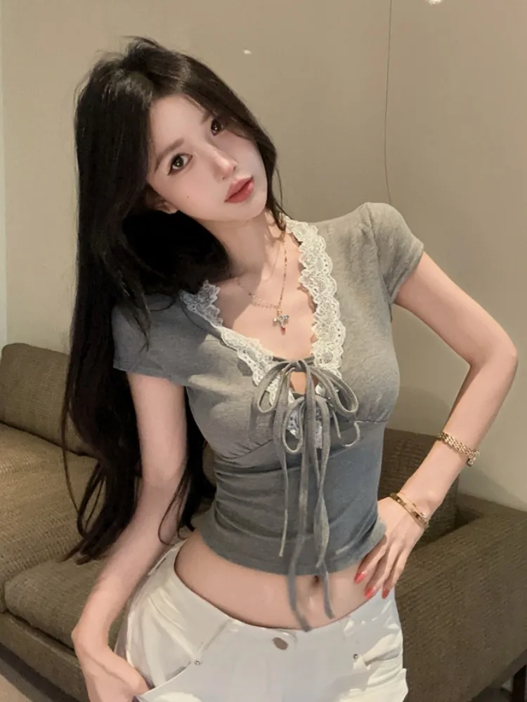 

Sexy Lace Trim Knot Short Sleeve V-Neck T-Shirt Women's Summer New Style Beautiful Top High Waist Knitted Skin-Frie...