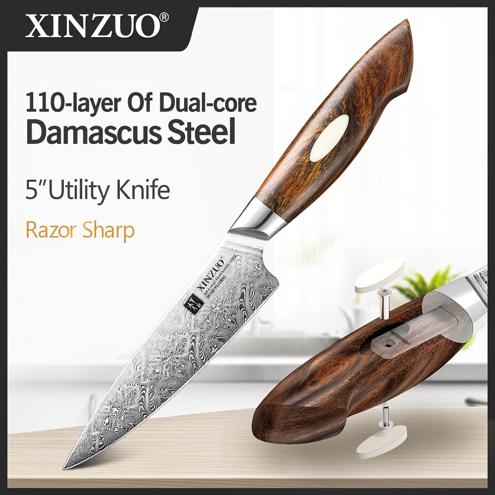 

XINZUO 5"Inch Utility Knife 110-layer Of Dual-core 10Cr15CoMoV+9Cr18MoV Composite Forging Damascus Steel Kitchen Knife 60±2HRC