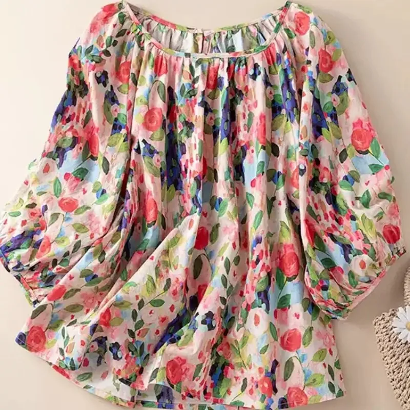 Sweet Floral Printed Round Neck Puff Sleeve Loose Cotton Plus Size Casual Blouses