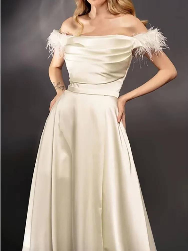 

Evening Dress 2024 Sweep Train Strapless Sleeveless Pleated Front Split A-Line Feather Satin Prom Dress For Gala Customized