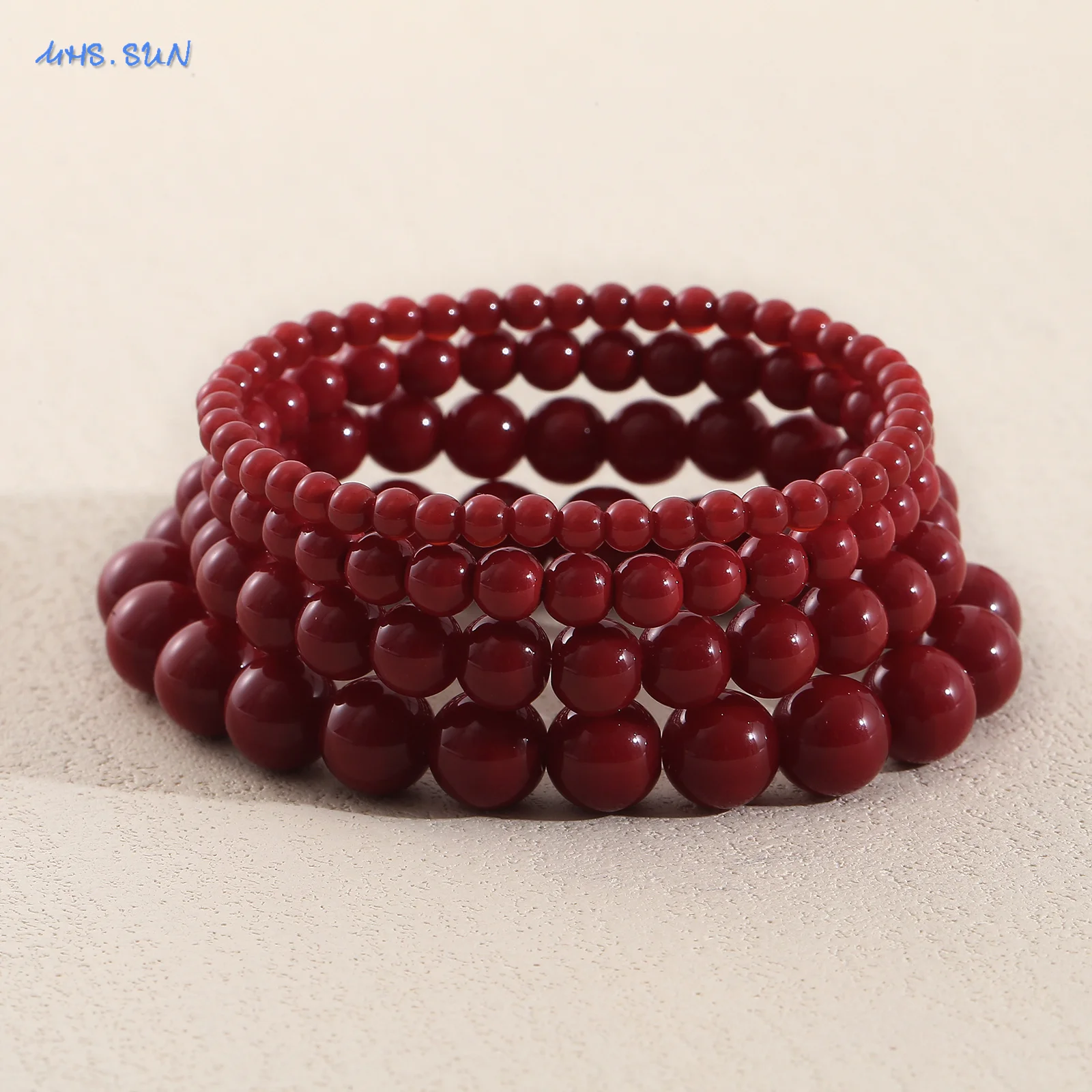 MHS.SUN Vintage Red Round Beads Bracelet Bangle for Women Men New 4/6/8/10mm Beaded Elastic Bracelets Jewelry Party Gifts - view 3