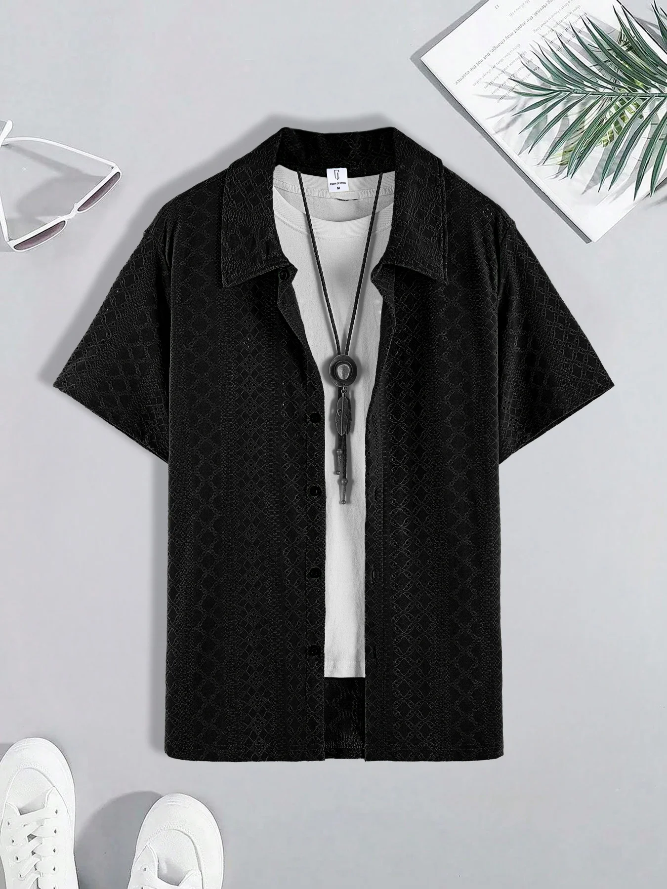 Men's Black Diamond Jacquard Short Sleeve Shirt Summer Smart Casual Loose Top