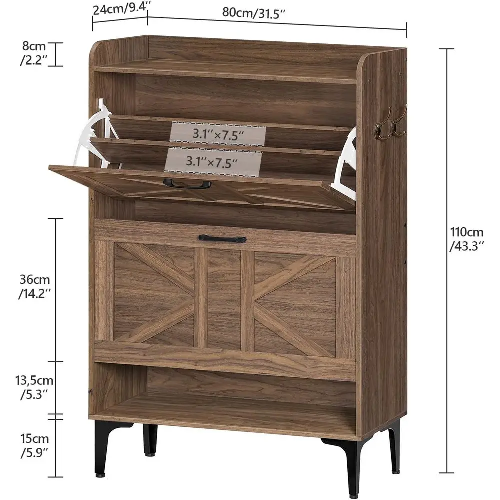 منظم أحذية الجوز قائم بذاته مع درجين ورفوف مفتوحة لتخزين المدخل