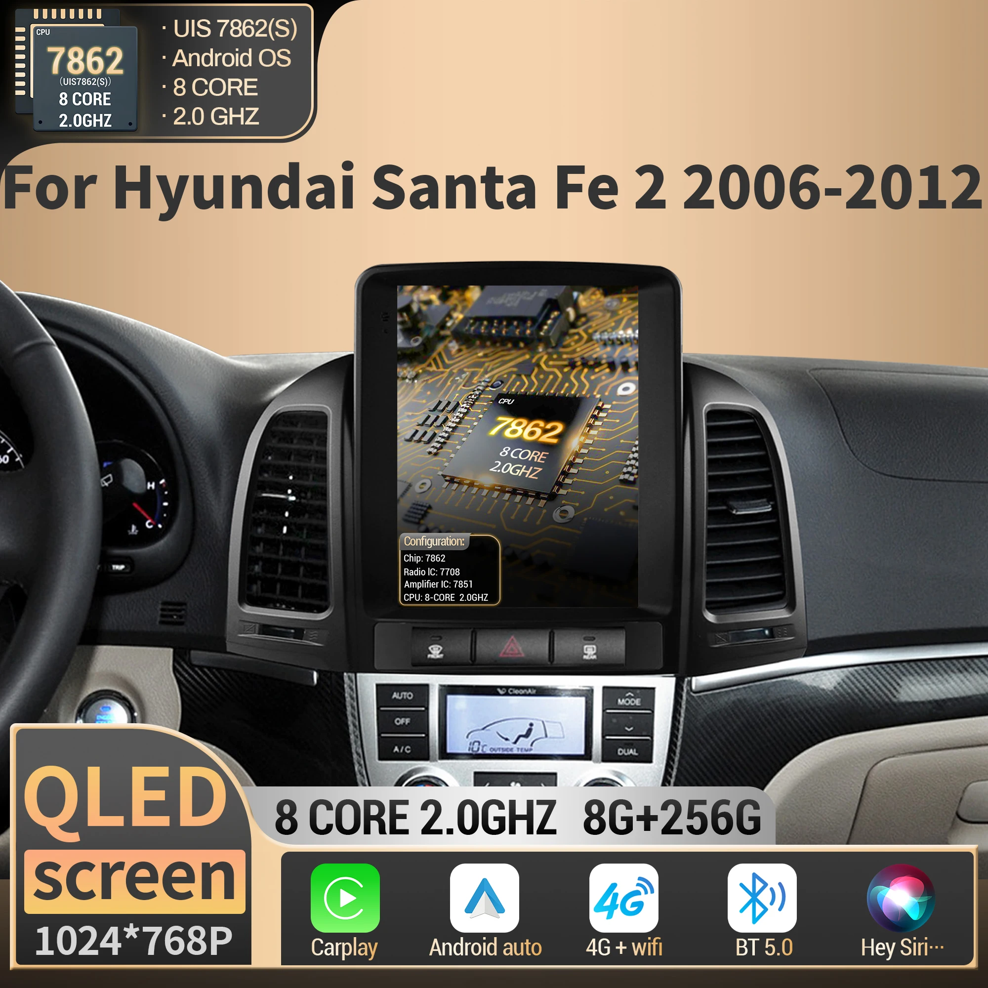 

9,7 ′′ Android для Hyundai Santa Fe 2 2006 2007 2008 2009 2010-2012 Автомобильный радиоприемник Мультимедийная навигационная система GPS Carplay QLED Экран