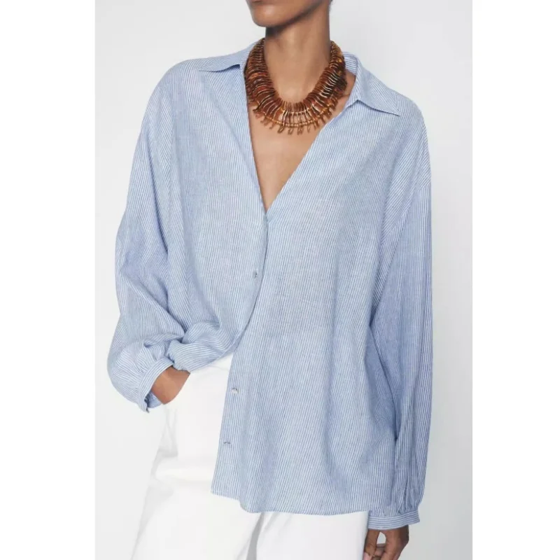 

Spring Autumn 2024 Women's Linen Blend Striped Long Sve Turn-down Collar irt Loose Fit V-ne Regular Sve Length