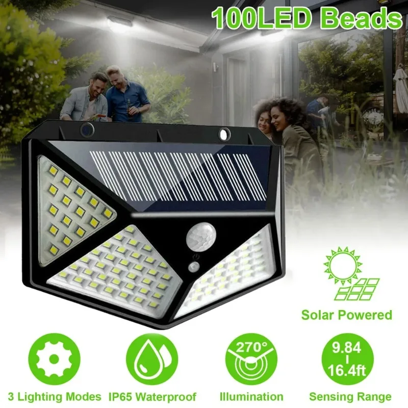 PIR Motion Sensor Solar Powered Wall Lights, Lâmpada ao ar livre, Luz solar, Decoração do jardim, 100 LED, 1 Pc, 2 Pcs, 4Pcs