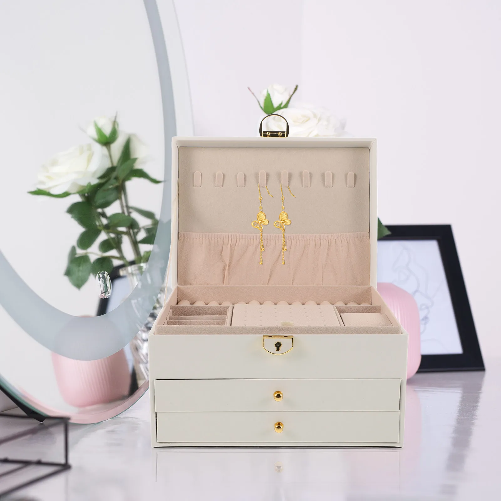 

Трехслойная шкатулка для украшений с замком, белая, роскошный органайзер для серег, ожерелий, браслетов, колец и часов, безопасная для путешествий