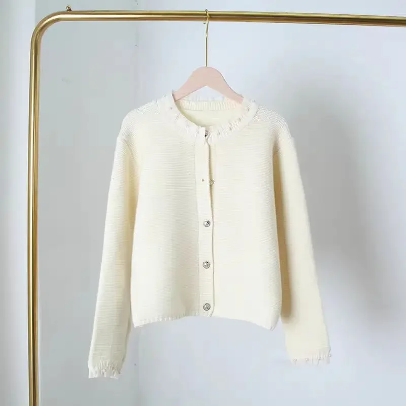 Pleated Ruffle Pearl Collar Spring And Autumn Women's Sandros Sweater French Cardigan Casual Fashion Women's Cardigan 2024 New