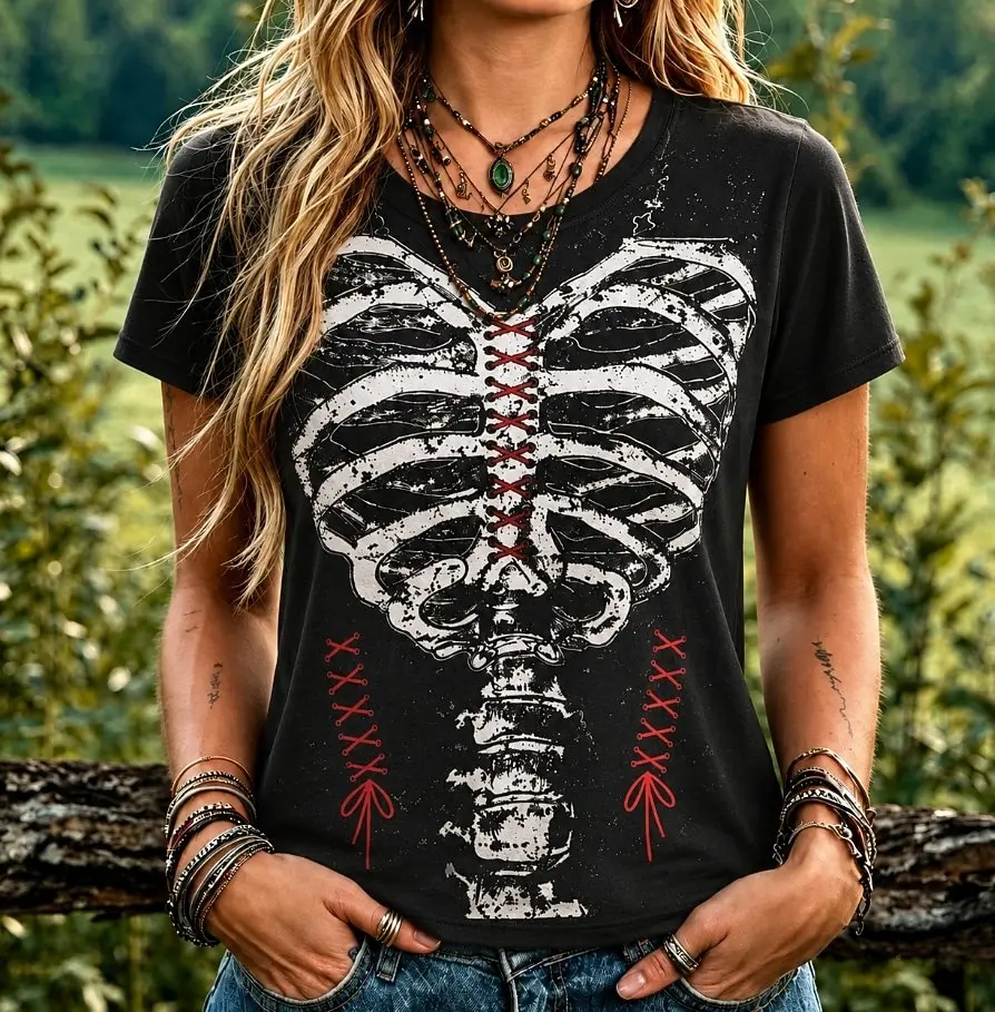 Women's Spring Summer 3D Printed Crew Neck T Shirt, Red Stitch Distressed Rib Cage Skeleton Dark Punk Street Trend Top