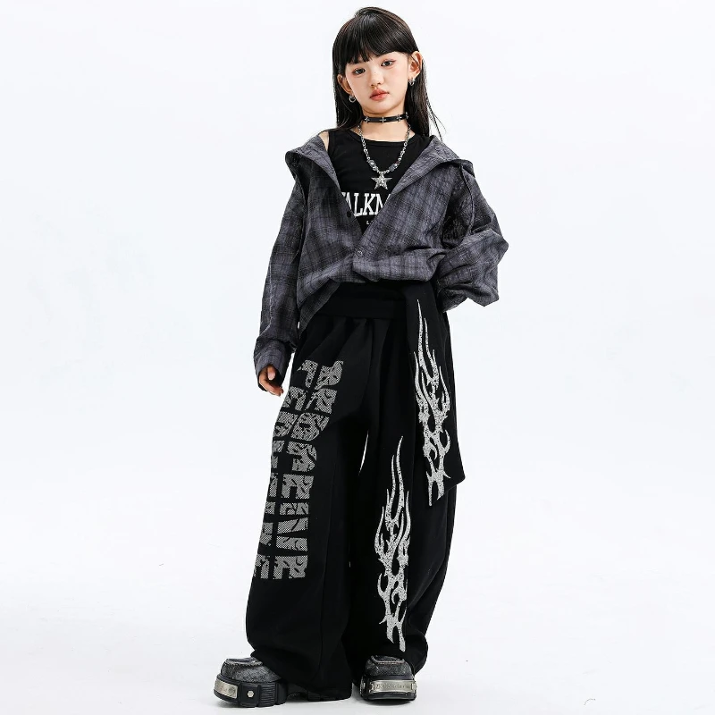 Costumi di danza jazz per ragazze Camicia scozzese con cappuccio Pantaloni di pelle Cool Kpop Outfit Gruppo Moda Hip Hop Street Dance Performance Wear