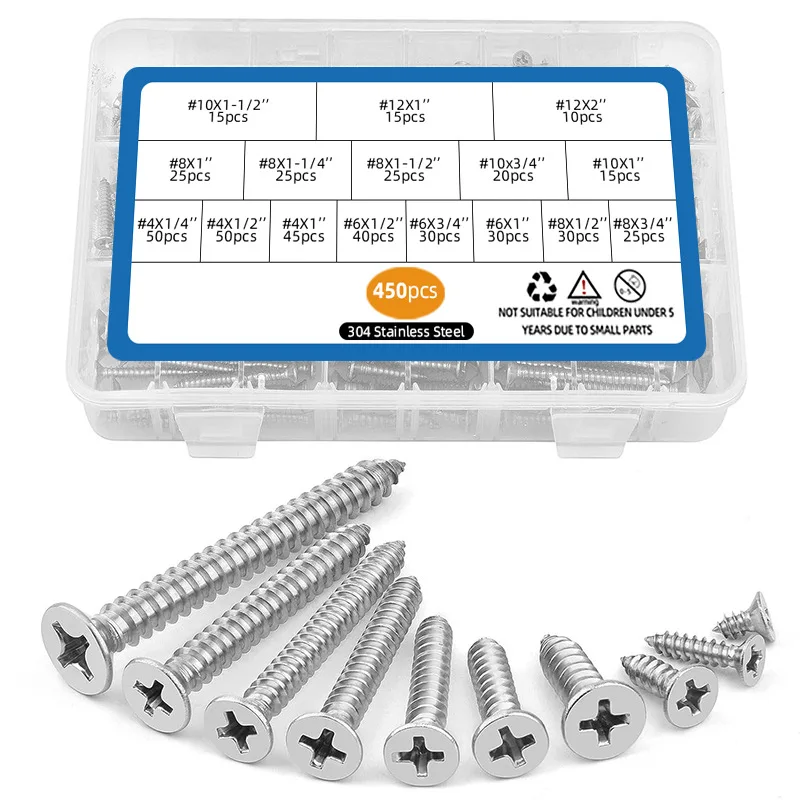 304 Stainless Steel Screw Set 450 pcs with Storage Box Self Tapping Pan Flat Head Screws for Everyday Fixing Tasks