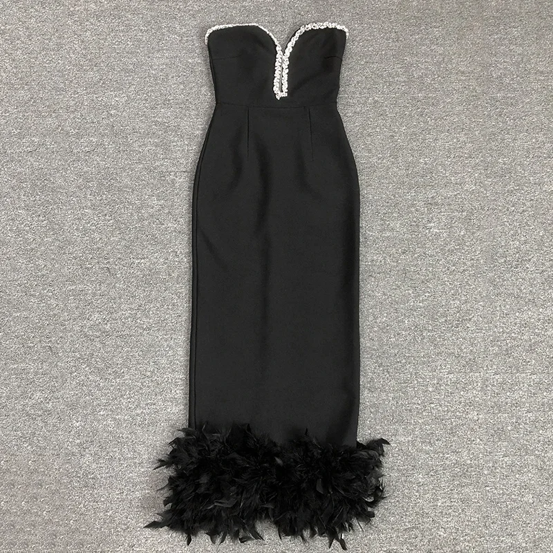 Black Color Women Sexy Strapless Feathers Bodycon Long Bandage Dress Fashion Celebrate Evening Party Nightclub Dress Vestido