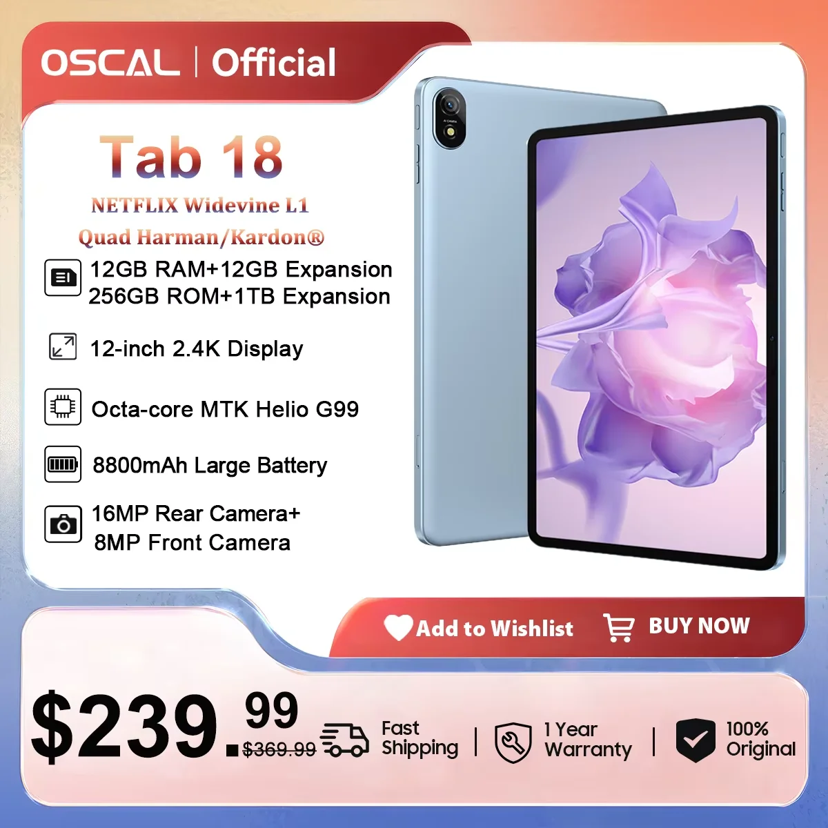 OSCAL Blackview Tab 18 Tablet PC, 12'' 2.4K FHD+Display G99 12GB+12GB RAM 256GB ROM Netflix Widevine L1 8800mAh Battery 33W