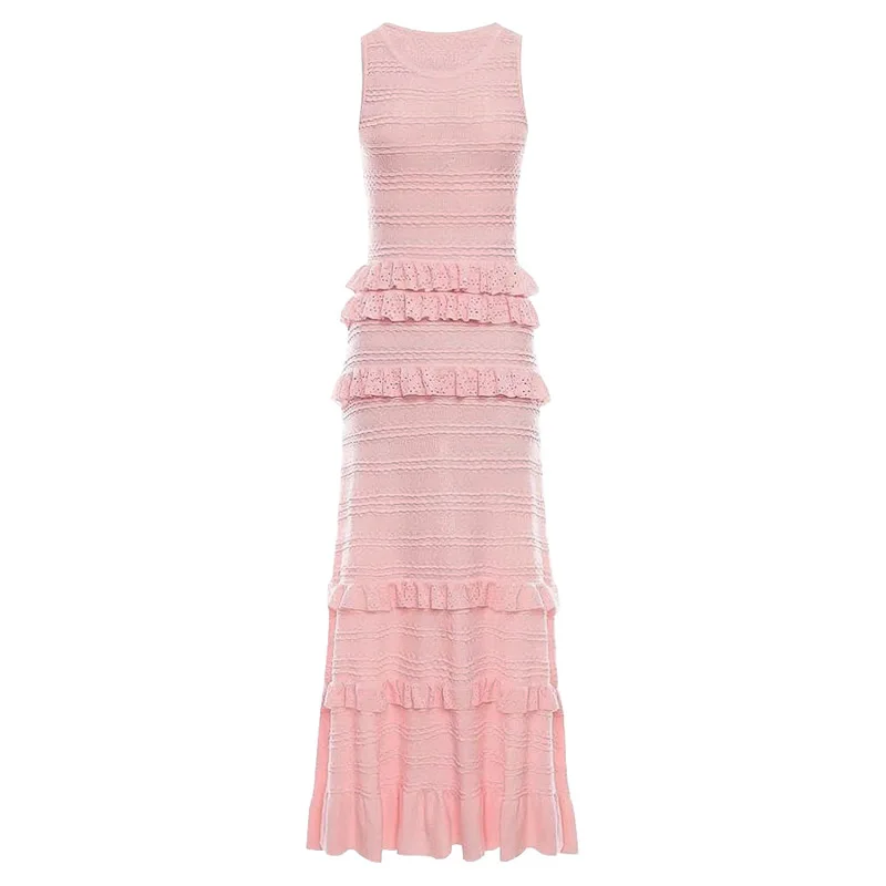 Novo vestido de algodão de tricô sem mangas feminino vestido em camadas com gola redonda