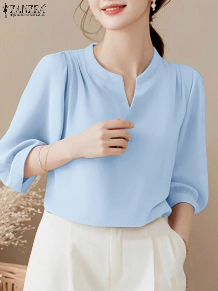

ZANZEA Women Solid Casual Blouse 2025 Autumn Fashion Tops Sexy V-NecK Loose Korean Shirts Elegant Office Lady OL Blusas Clothing