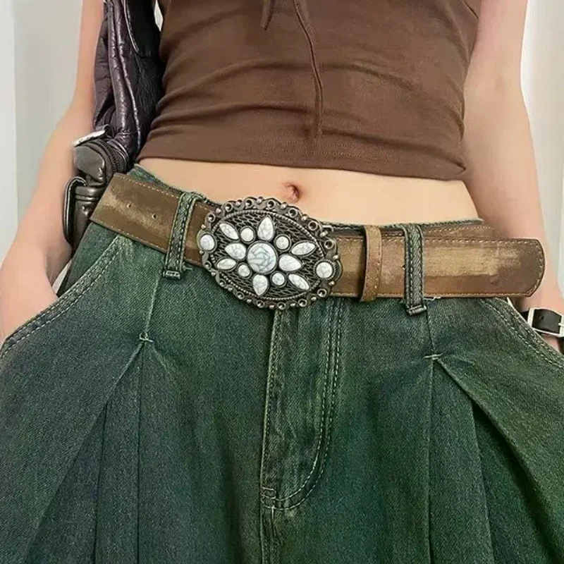 Vintage White Stone Buckle Belt Engraved Flower Belt Embossed Leather Belt Boho Western Belt Jeans Belt