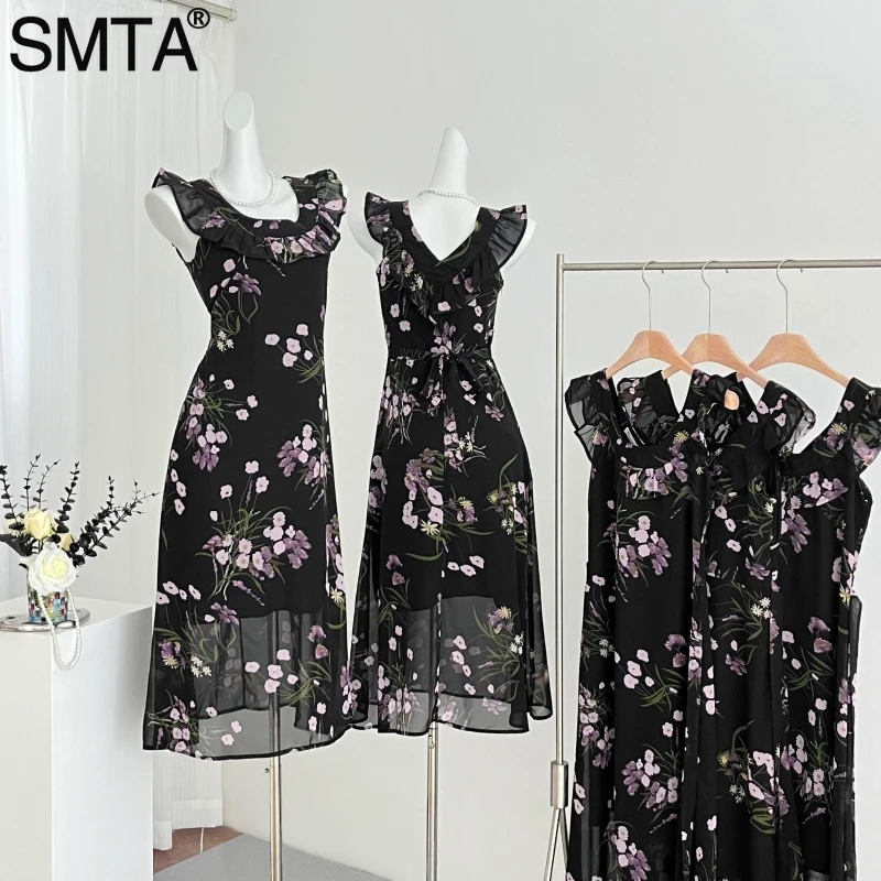 SMTA French Sexy Floral Sling Sleeveless Dress Elegant Tighten The Waist Summer 2024 Bodycon Dress Vintage Fashion Black Dresses