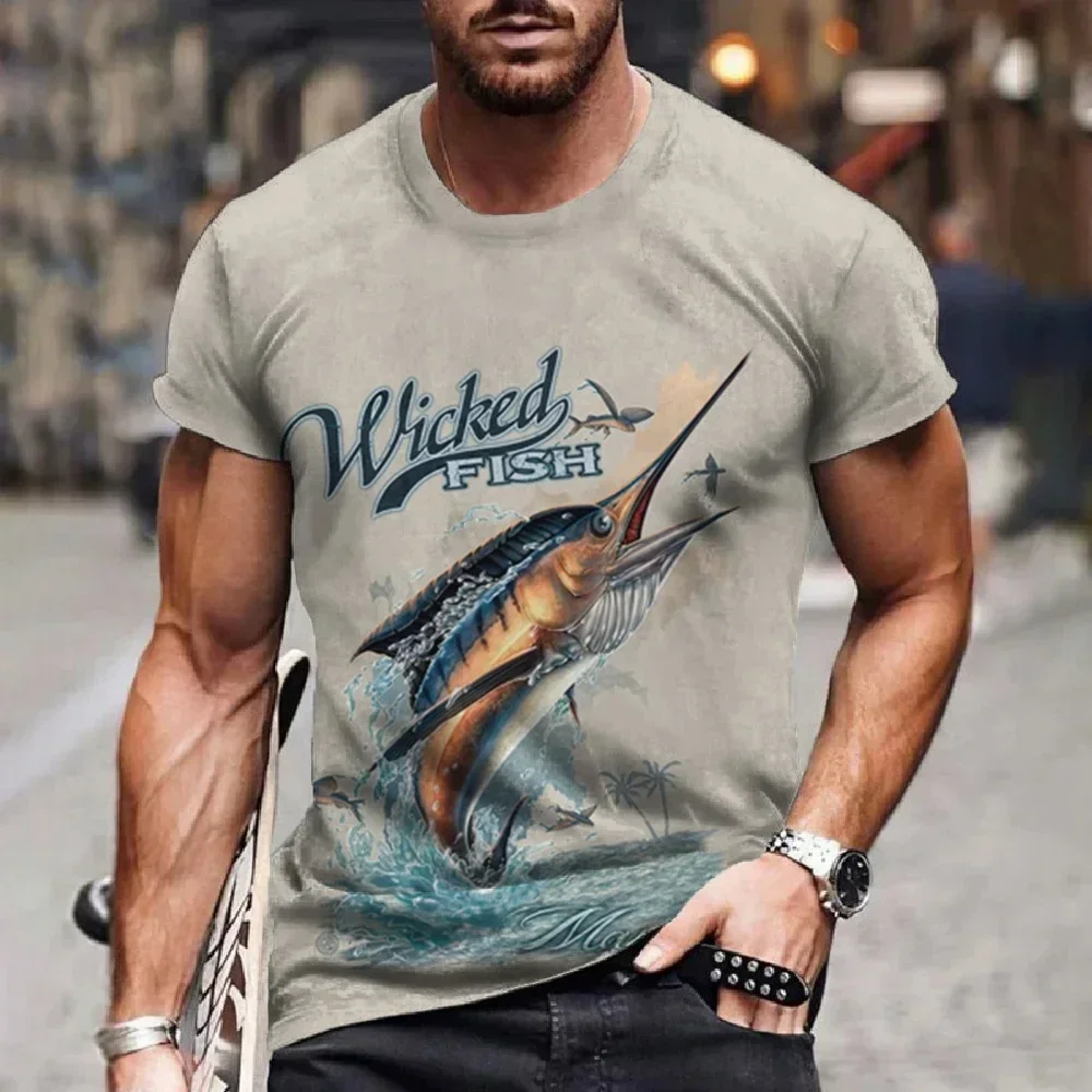 2024 Summer vintage short sleeve Printed Fishing Harajuku 3D printed unisex T-shirt Plus size loose Wilderness Camping Fun shirt