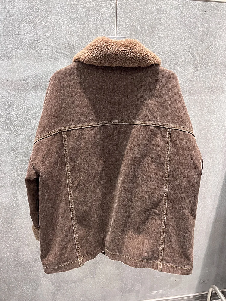 2025秋冬 レディース 本物の羊毛襟 天然グースダウンコート デニムジャケット アウター 高級婦人服ジャケット