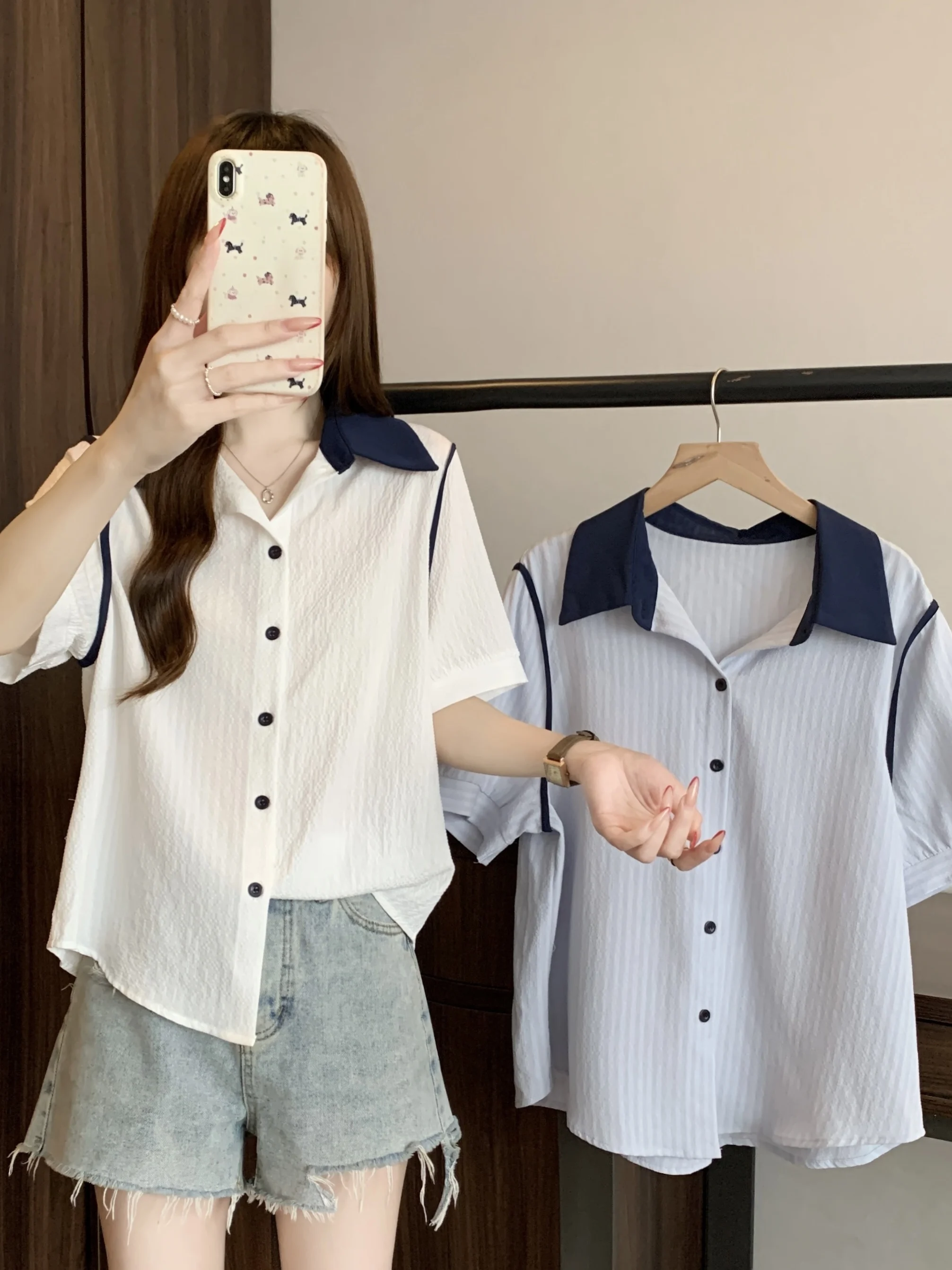 

plus Size Women's Casual Short Sleeve Shirt Korean Style Patchwork Color Block Slimming Summer Fashionable Top