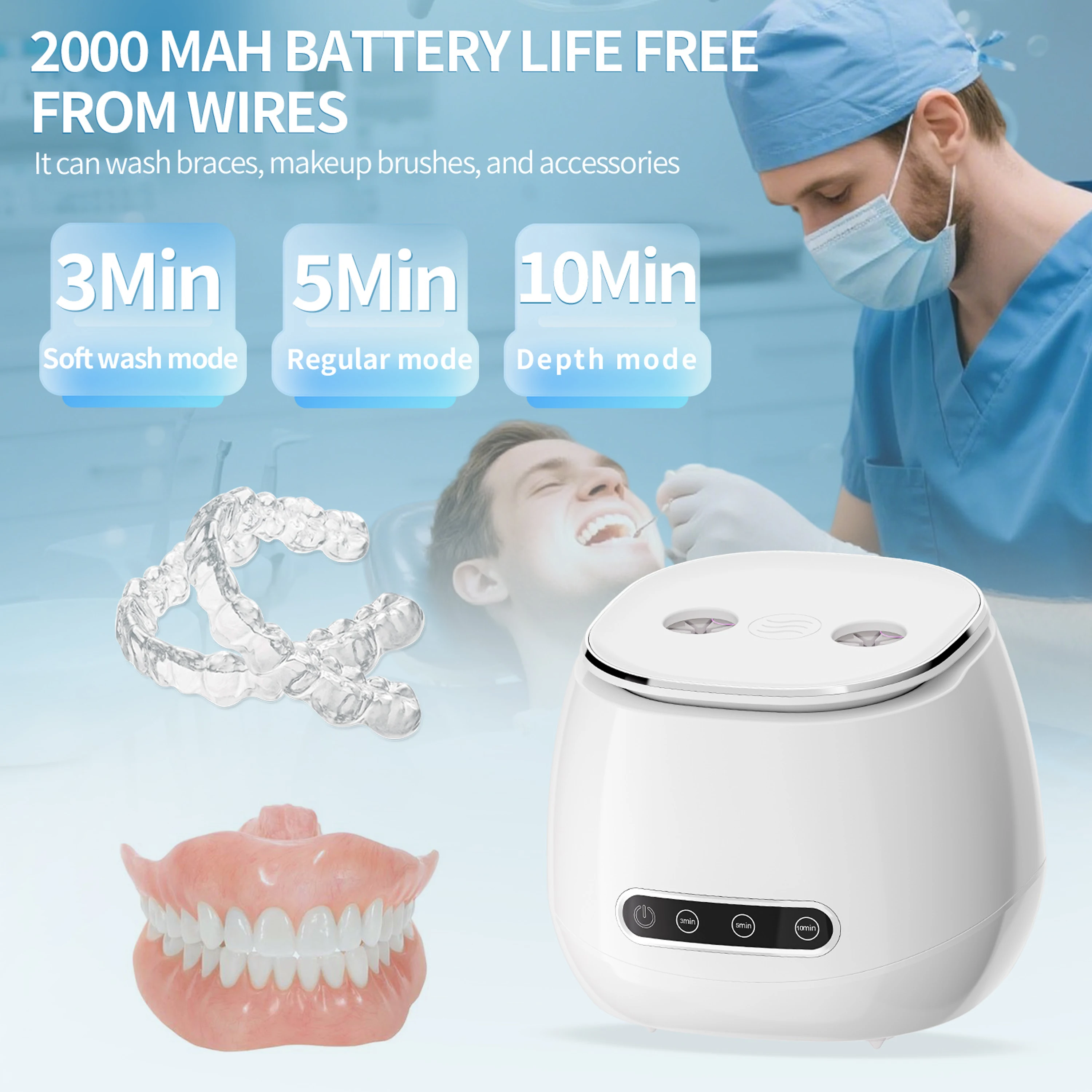 Machine automatique de nettoyage de prothèses dentaires à ultrasons, nettoyeur de pinceaux de maquillage USB, 3 fonctions de synchronisation pour tous les appareils dentaires, 48KHZ