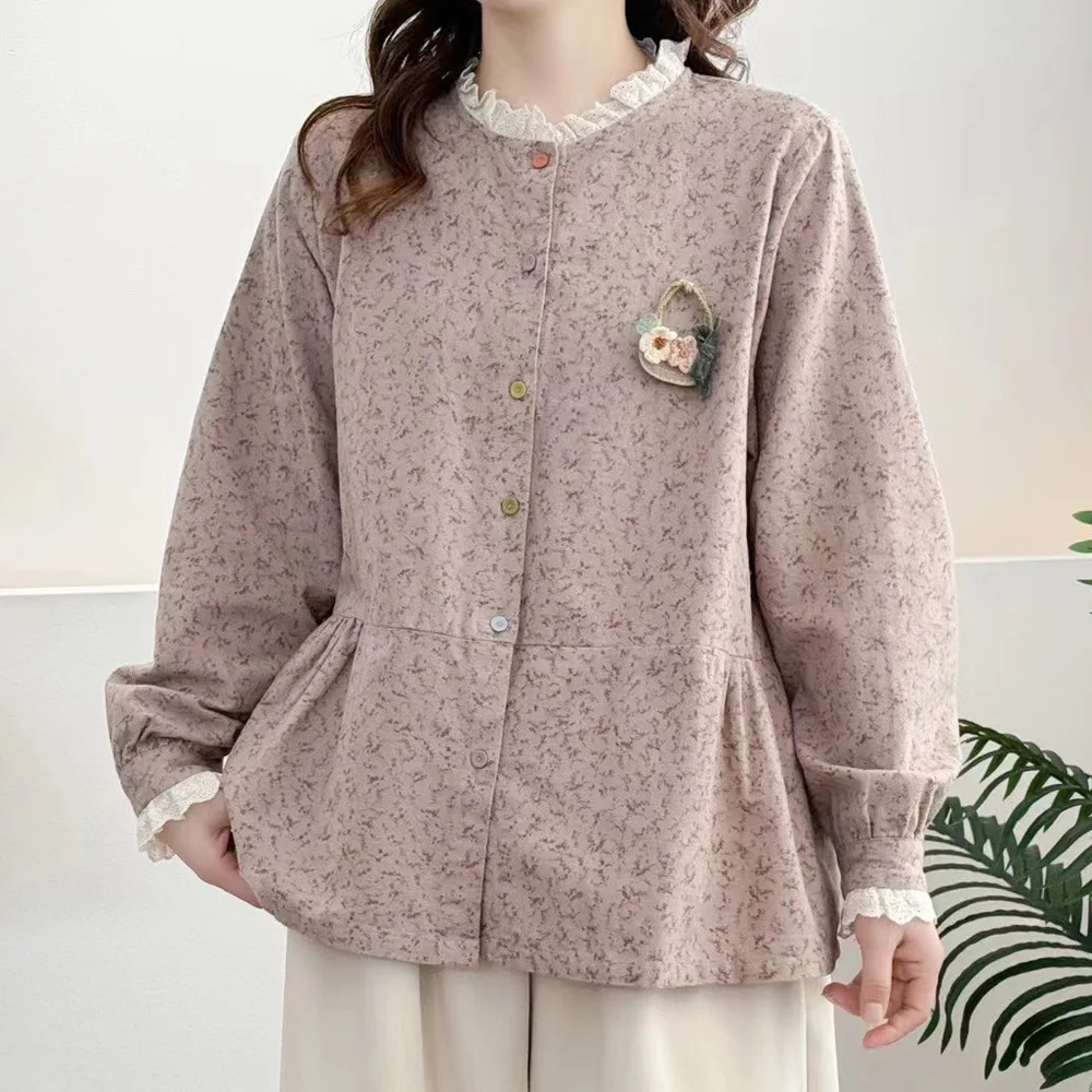 

High Quality Women 100% Cotton Yarn Blouse Shirt Loose Lace Ruffles Collar Printed Long Sleeve Autumn Soft Cozy New Tops