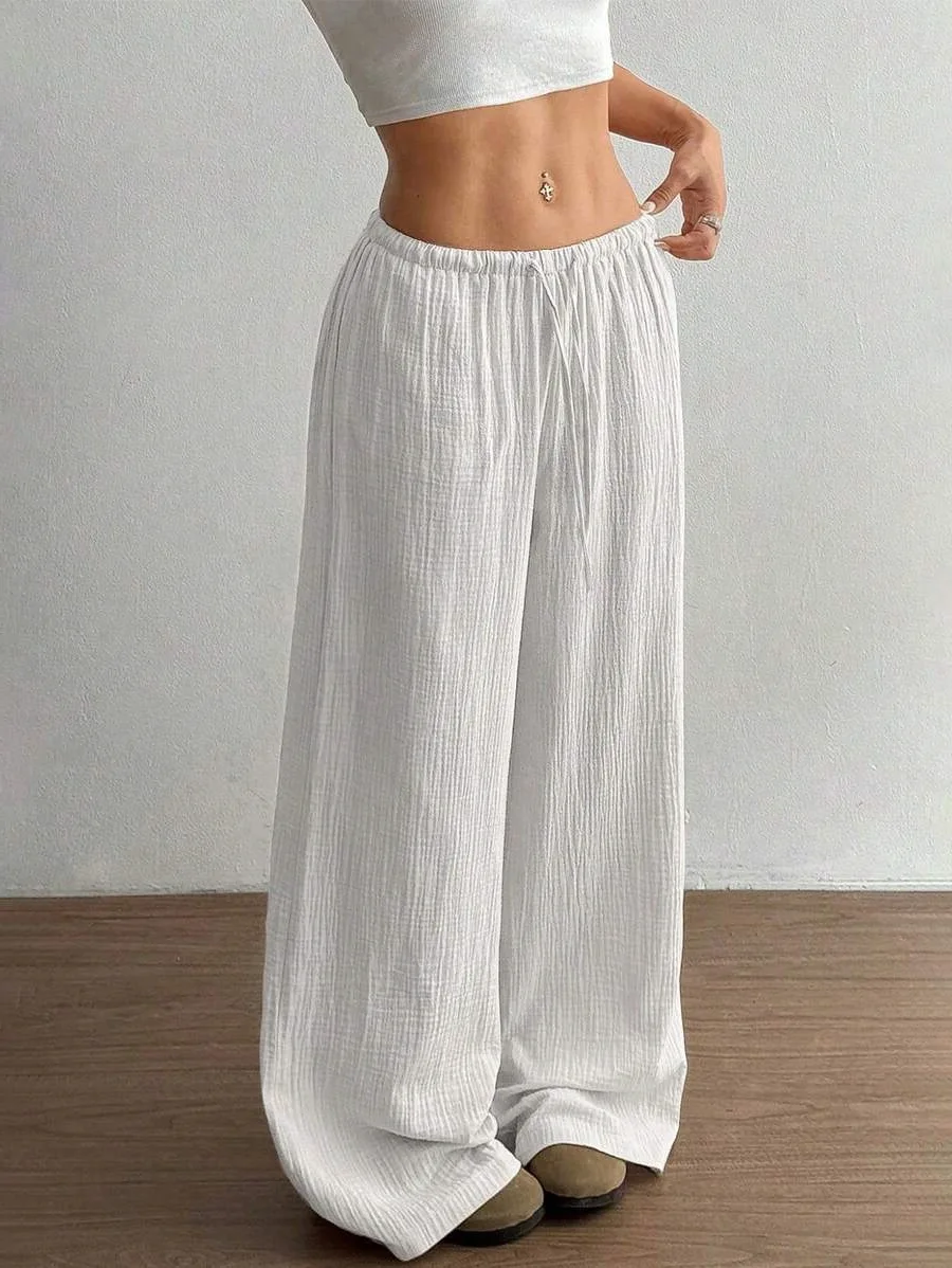 2025 Women's Wide Leg Pants High Waist Elastic Waistband Casual Trousers Solid Color Loose Palazzos Pants Elegant Fall Fashion
