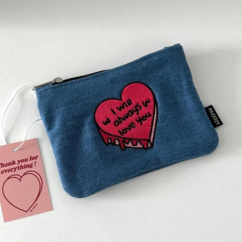 Love Heart Embroidered Denim Coin Purse Cute Mini Lipstick Coin Storage Bag