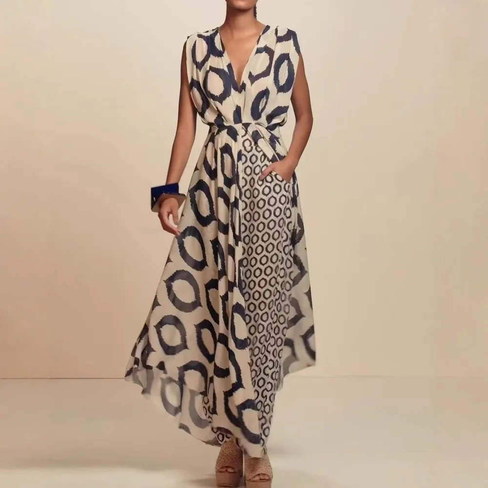 Prayer Dress Woman Blouse V Neck Sleeveless Blouses Wrap Style Asymmetrical Hem Top Abstract Print Geometric Pattern Tops