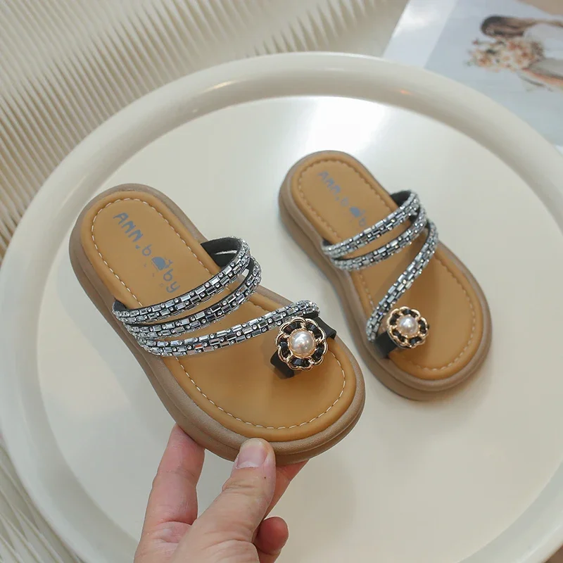 2024 Children Girls' Sandals Summer Fashion Rhinestone Flowers Korean Style Soft Sole Anti-Slippery Outside Elegant Beach Shoes