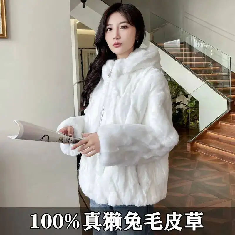 Abrigo de Piel de Conejo Rex Auténtico para Mujer, Estilo con Capucha y Cremallera, Ajuste Holgado, Talla Grande, Chaqueta de Piel y Cuero Integrados, con Capucha de Piel Esponjosa