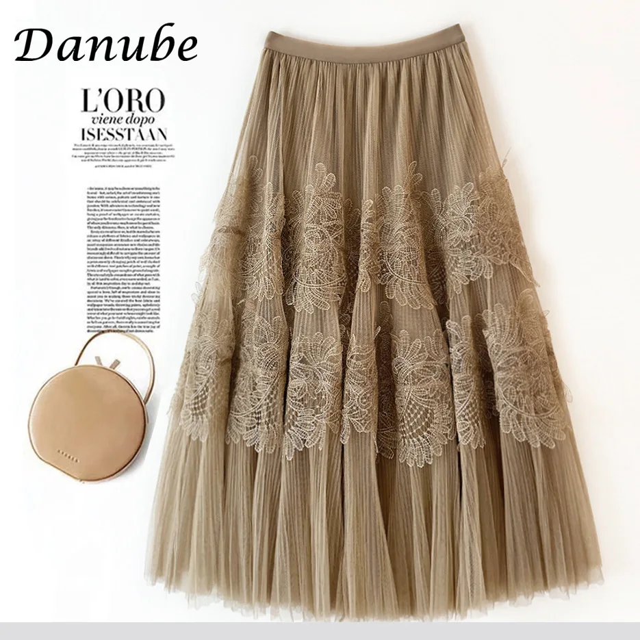 Vintage Embroidery Tulle Skirt Women Spring Flower Elastic High Waist Pleated Midi Skirt Korean Style Elegant A-line Mujer Falda