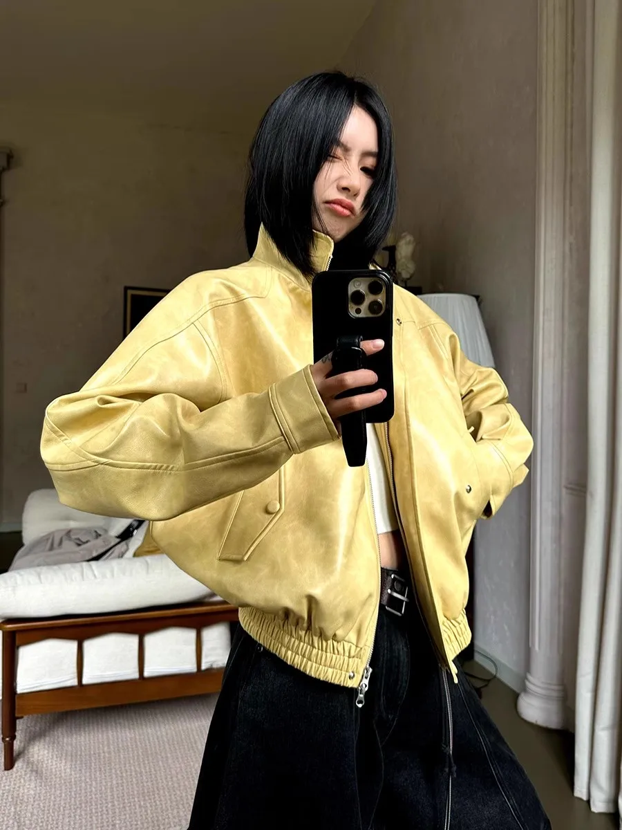 Lautaro Autumn Cool Short Oversized Distressed Yellow Pu Leather Jacket Women Zipper High Quality American Retro Unisex Clothes