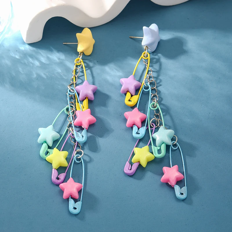 Harajuku Style Acrylic Five-Pointed  Beaded Earrings Japanese Color Temperament Candy Color Pentagrams Earrings for Women