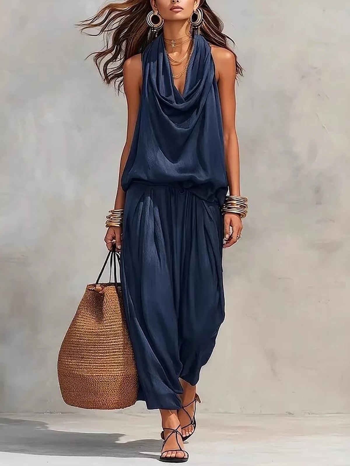 Damen Zweiteiliges Set mit Mehrschichtigem Neckholder-Oberteil und Weiter Hose - Einfarbiges Ärmelloses Sommer-Outfit – Detail 3