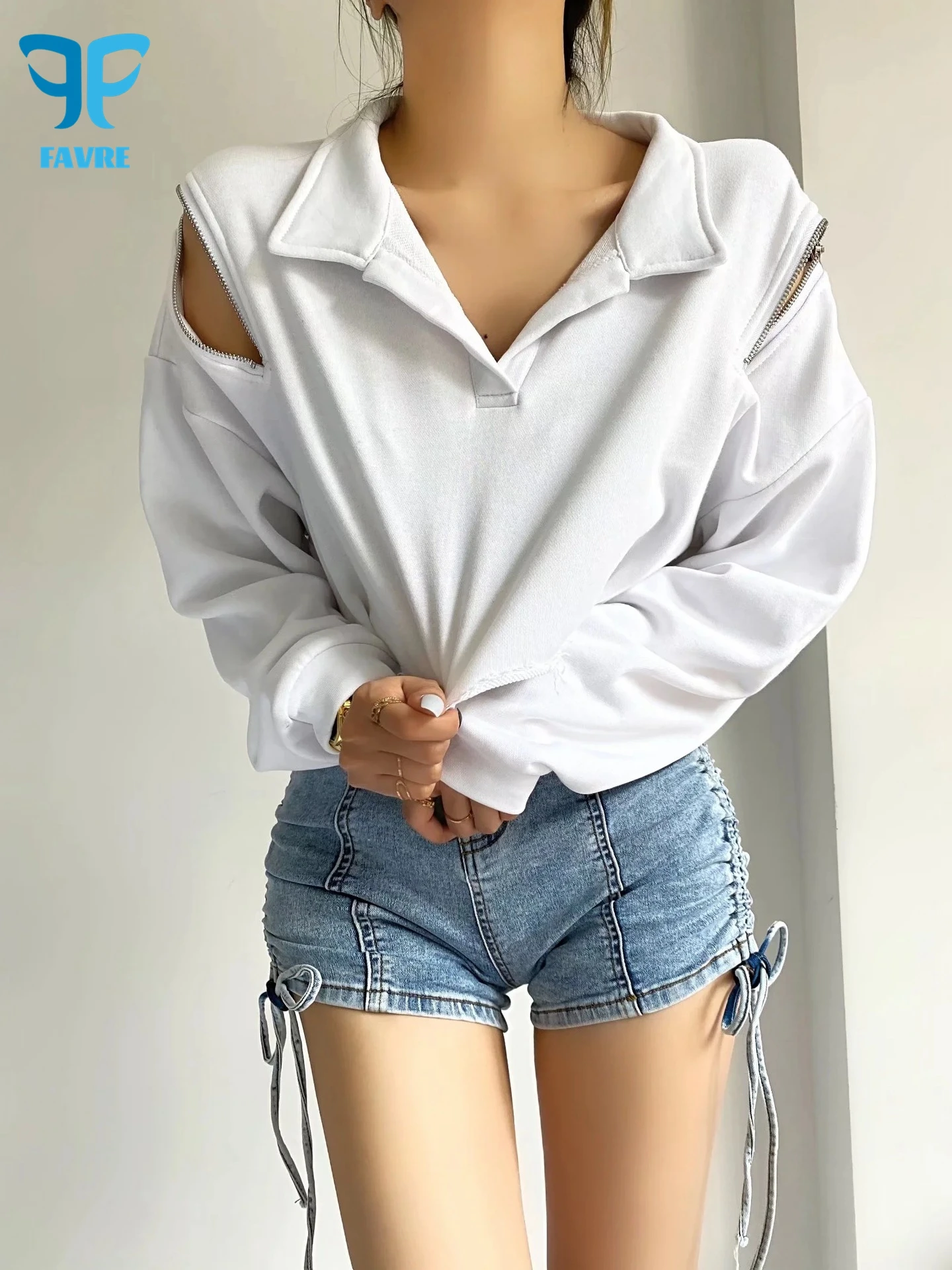 FAVRE Zipper Off-the-shoulder Sweatshirts Niche Womens Open-back Pullovers Spring Autumn Europe America Solid Casual Crop Tops