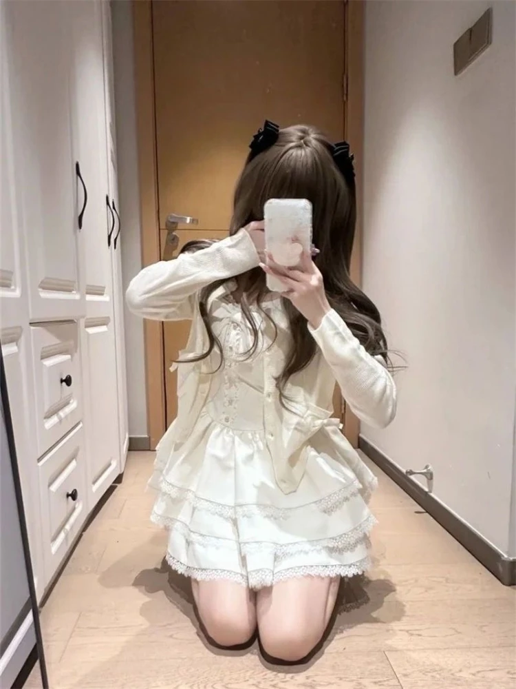 2000s Korean Fashion 2 Piece Dress Sets Slim Y2k Sweet Harajuku Vintage Suits French Elegant Cardigan + One Piece Dress Korean