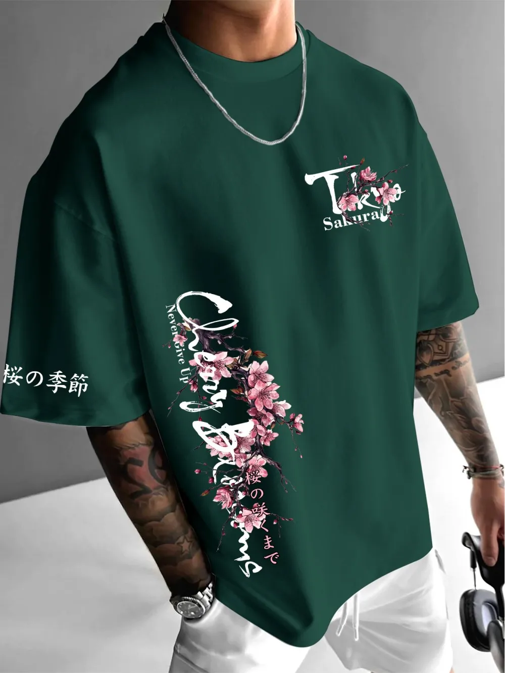 New men's summer cherry blossom letter printed machine washed comfortable and breathable round neck T-shirt outdoor casual top