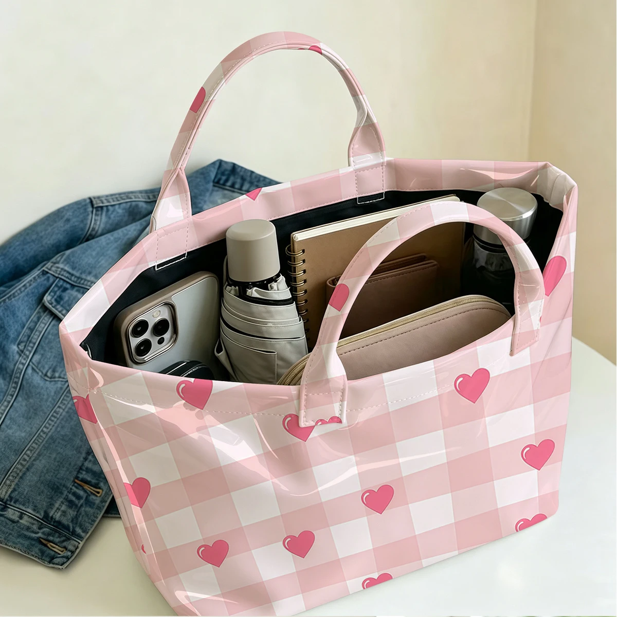 Cute Motifs Large PVC Waterproof Capacity Canvas Shoulder Bag Dual Side Print Tote Bag Daily Shopping Bag Fashion Handbag