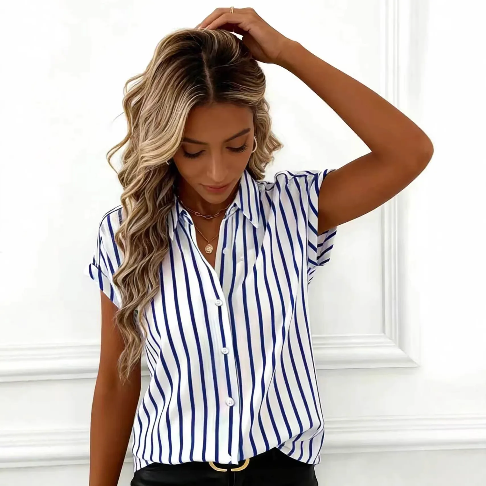 

Fashion Striped Print Drop Shoulder Short Sleeve Shirt Women's Lapel Button Blouse New Summer Casual Office Lady Shirts Tops