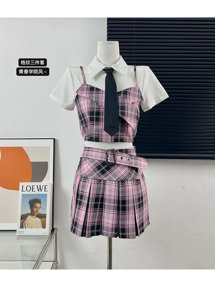 Woman Skirt Set Outfits 2 Piece Set Mini A-line Skirt T-Shirts Tees Patchwork Plaid With Tie Button Preppy Style Sweet Y2k Gyaru