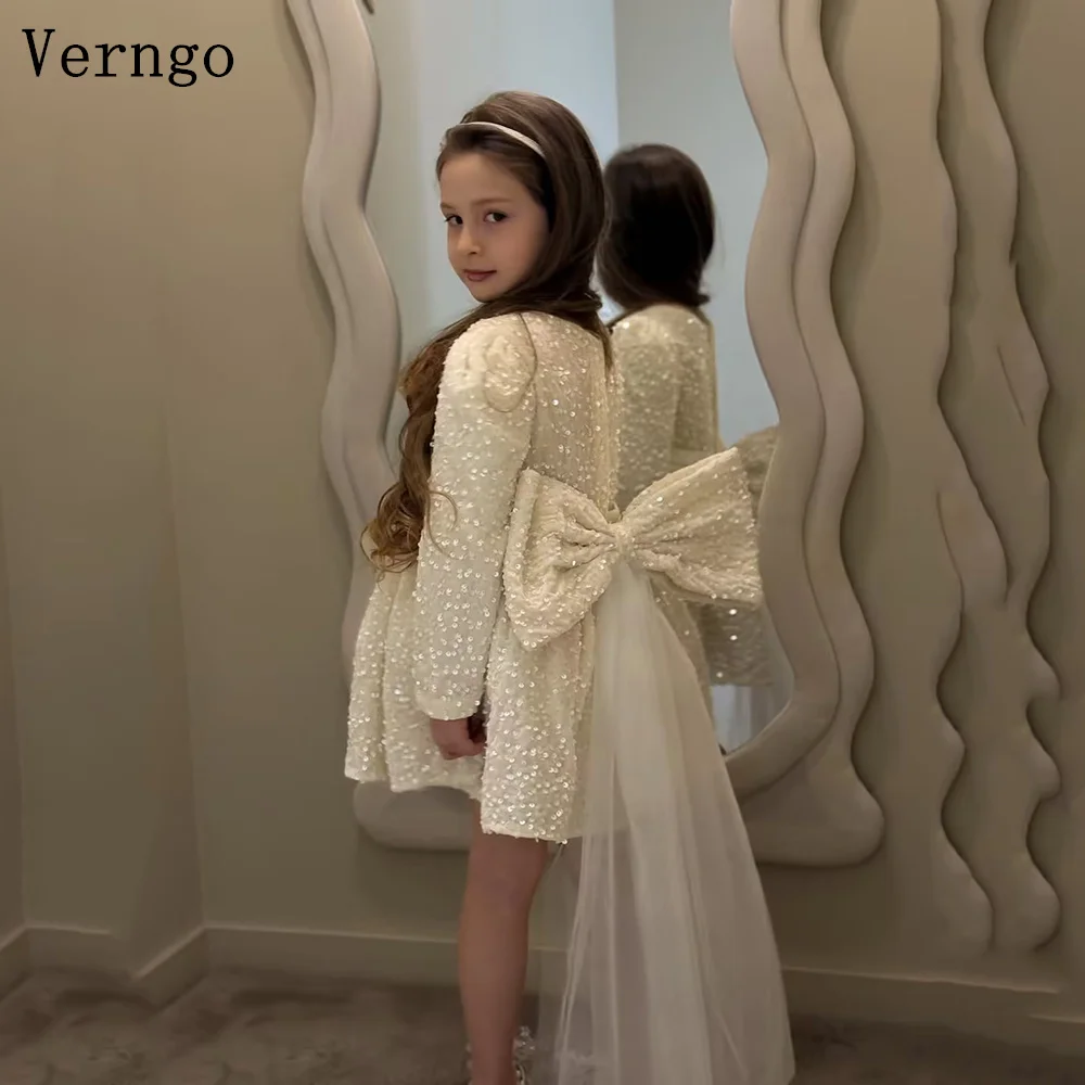 

Verngo lvory Shiny Sequined Kid Birthday Party Dress O Neck Full Sleeves A Line Bow Girl Flowers Dress Customized