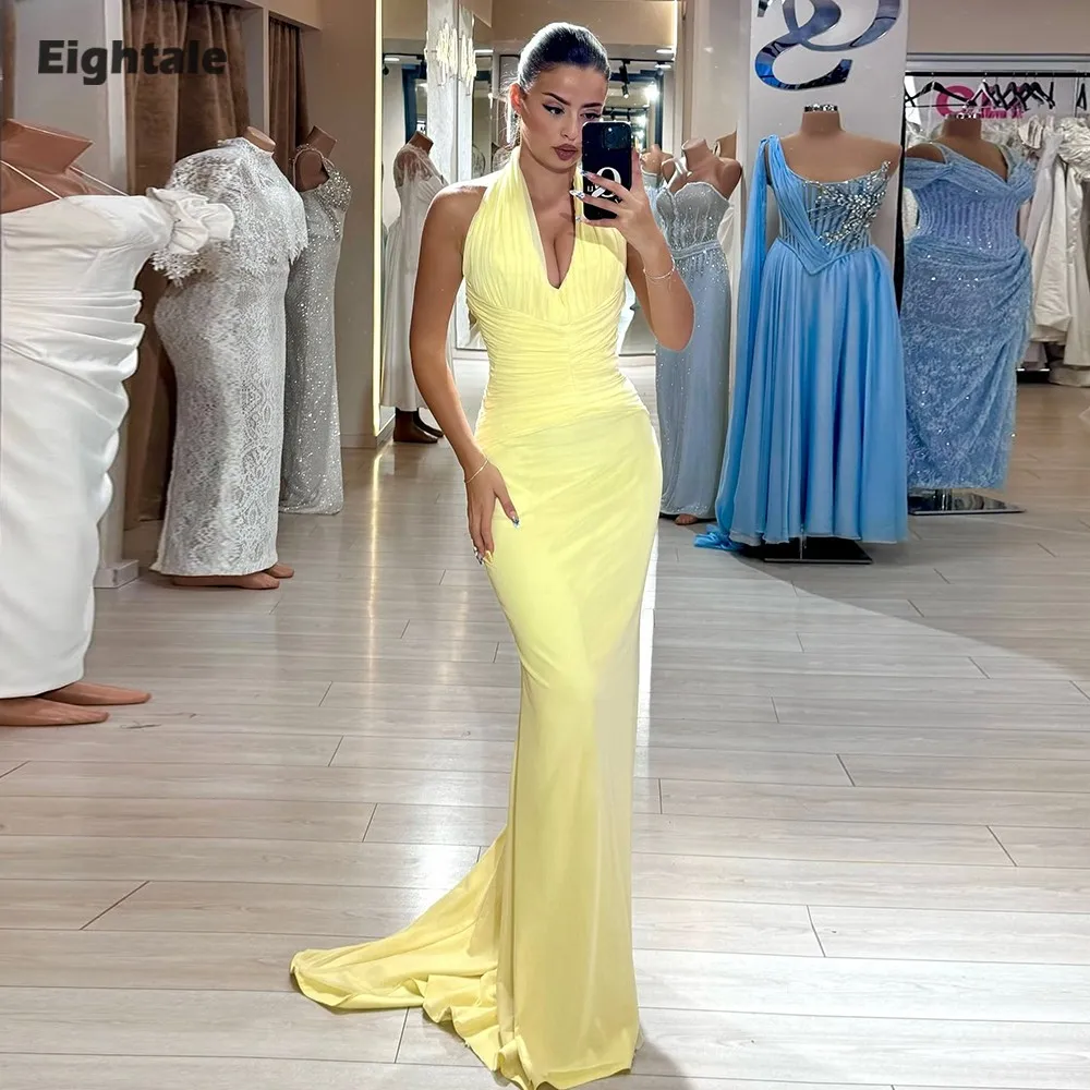 

Eightale арабские вечерние платья для свадебной вечеринки с лямкой на шее и складками по индивидуальному заказу шифоновые желтые платья с короткими рукавами Русалка мусульманские платья для выпускного вечера