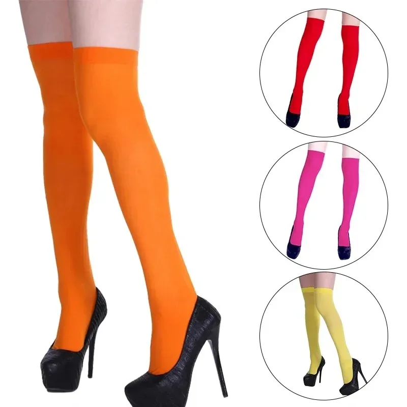 Bas de cuisse hauts pour femmes, bas sexy, orange, jaune, vêtements de soirée, chaussettes hautes pour filles, document néon